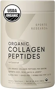 Sports Research Organic Collagen Peptides - Hydrolyzed Type I & III Collagen Protein Powder Made Sustainably from Grass-Fed Cows - Unflavored - 30 Servings