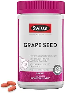 Swisse Grape Seed Extract Capsules Antioxidant Herbal Supplement | Grapeseed Polyphenols + Antioxidant Vitamin C | Promotes Skin Health & Collagen Production | 300 Tablets