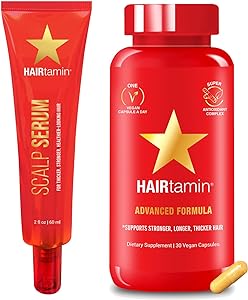 HAIRtamin Advanced Hair & 5oz Sample Scalp Serum Pack | All Natural Vegan 5000 Mcg Biotin Capsule Hair Vitamin Supplement & Sample Serum | Hair Skin & Nail Vitamins to Promote Hair Growth & Thickness