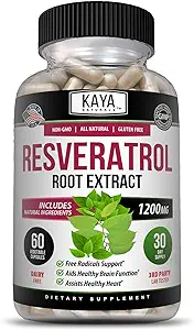 Kaya Naturals - Resveratrol Capsules - Anti Aging Supplement - Antioxidants with Brain Support - Maximum Benefits - 60 Veggies Capsules