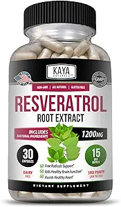 Kaya Naturals - Resveratrol Capsules - Anti Aging Supplement - Antioxidants with Brain Support - Maximum Benefits - 30 Veggies Capsules