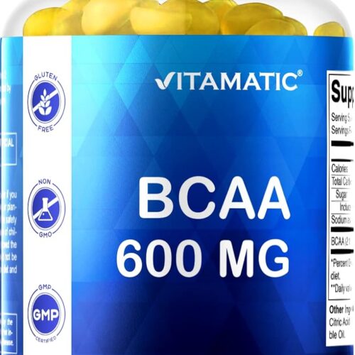 Vitamatic BCAA Gummies - Branch Chain Amino Acid Supplements - Peach Flavor - 600mg per Serving - 60 Vegan Pectin Based Gummies (1 Bottle)