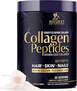 Hydrolyzed Collagen Peptides Powder 20g With Hyaluronic Acid & Biotin - Unflavored Grass Fed Collagen Powder with Type I & III Collagen Supplements - Hair