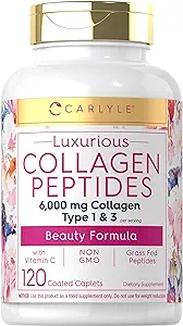 Carlyle Collagen with Vitamin C | 6000mg | 120 Caplets | Multi Collagen Peptide Pills | Type 1 and 3 | Non-GMO