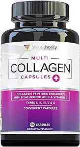 Vitauthority Multi Collagen Pills for Women and Men High Absorption Hydrolyzed Collagen Peptides Capsules for Hair Skin and Nails with Types I II III V X Hyaluronic Acid and Vitamin C - 30 Servings