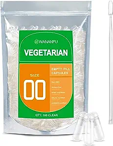 wananfu Size 00 Empty Capsules Vegetarian (100 Count) Bundle with Micro Lab Spoon