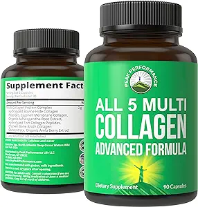 Peak Performance All 5 Multi-Collagen Capsules 90 Pills of Grass Fed Collagen Peptides Protein. with All 5 Collagen Types I