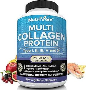 Nutrivein Multi Collagen Pills 2250mg - 180 Collagen Capsules - Type I