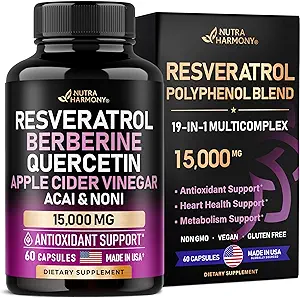 Resveratrol 6500mg | Berberine 3000mg | Quercetin 3000mg | Apple Cider Vinegar - 19-in-1 Polyphenol Complex