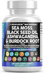 Sea Moss 3000mg Black Seed Oil 2000mg Ashwagandha 1000mg Turmeric 1000mg Bladderwrack 1000mg Burdock 1000mg & Vitamin C & D3 with Elderberry Manuka Dandelion Yellow Dock Iodine Chlorophyll ACV