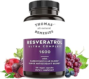 Thomas' all-natural Remedies Resveratrol 1600mg Organic Trans-Resveratrol Antioxidant Supplement with Organic Grape Seed Extract and Quercetin- Anti-Aging and Cardiovascular Support- 120 Capsules